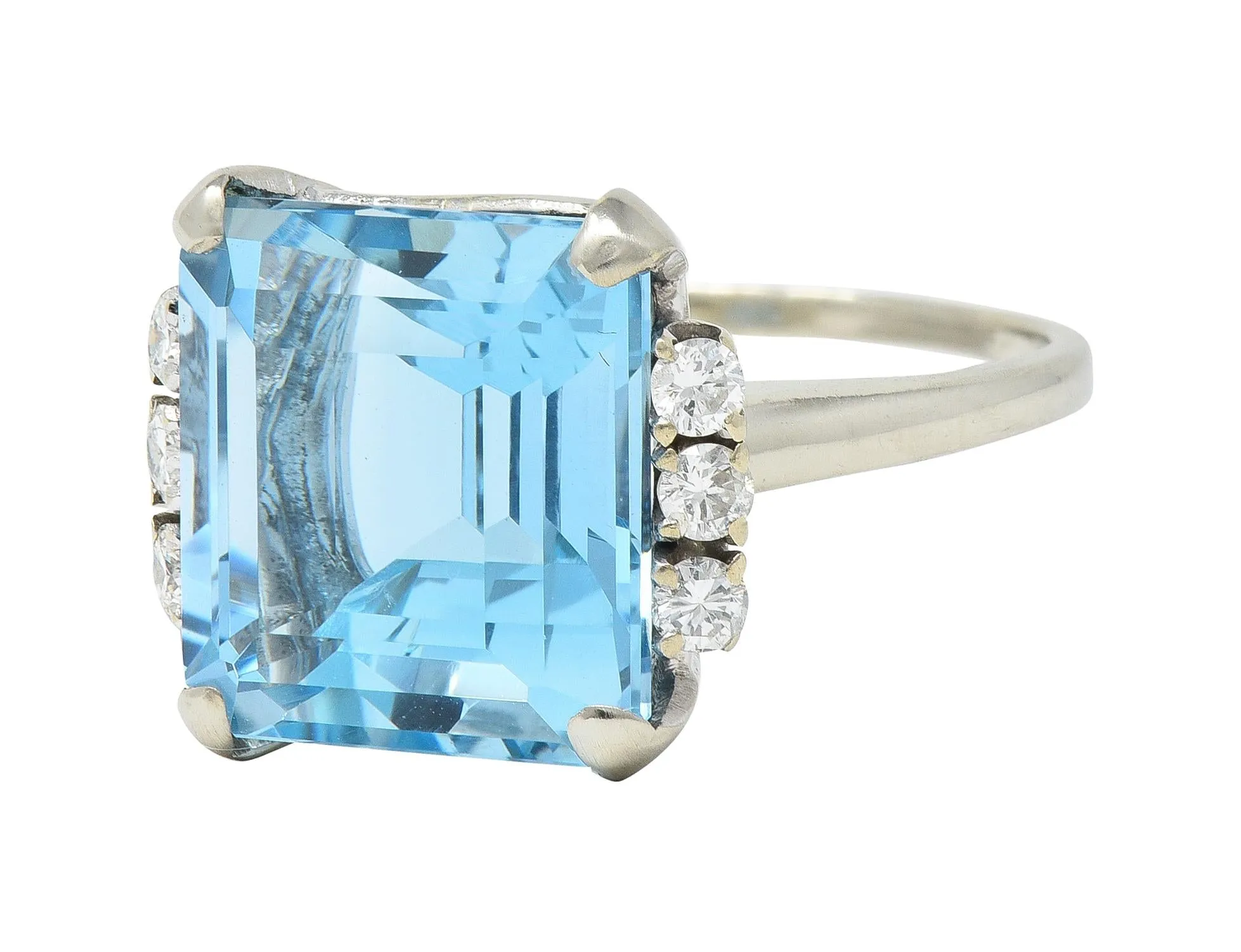 Mid-Century 9.41 CTW Aquamarine Diamond 14 Karat White Gold Vintage Cocktail Ring