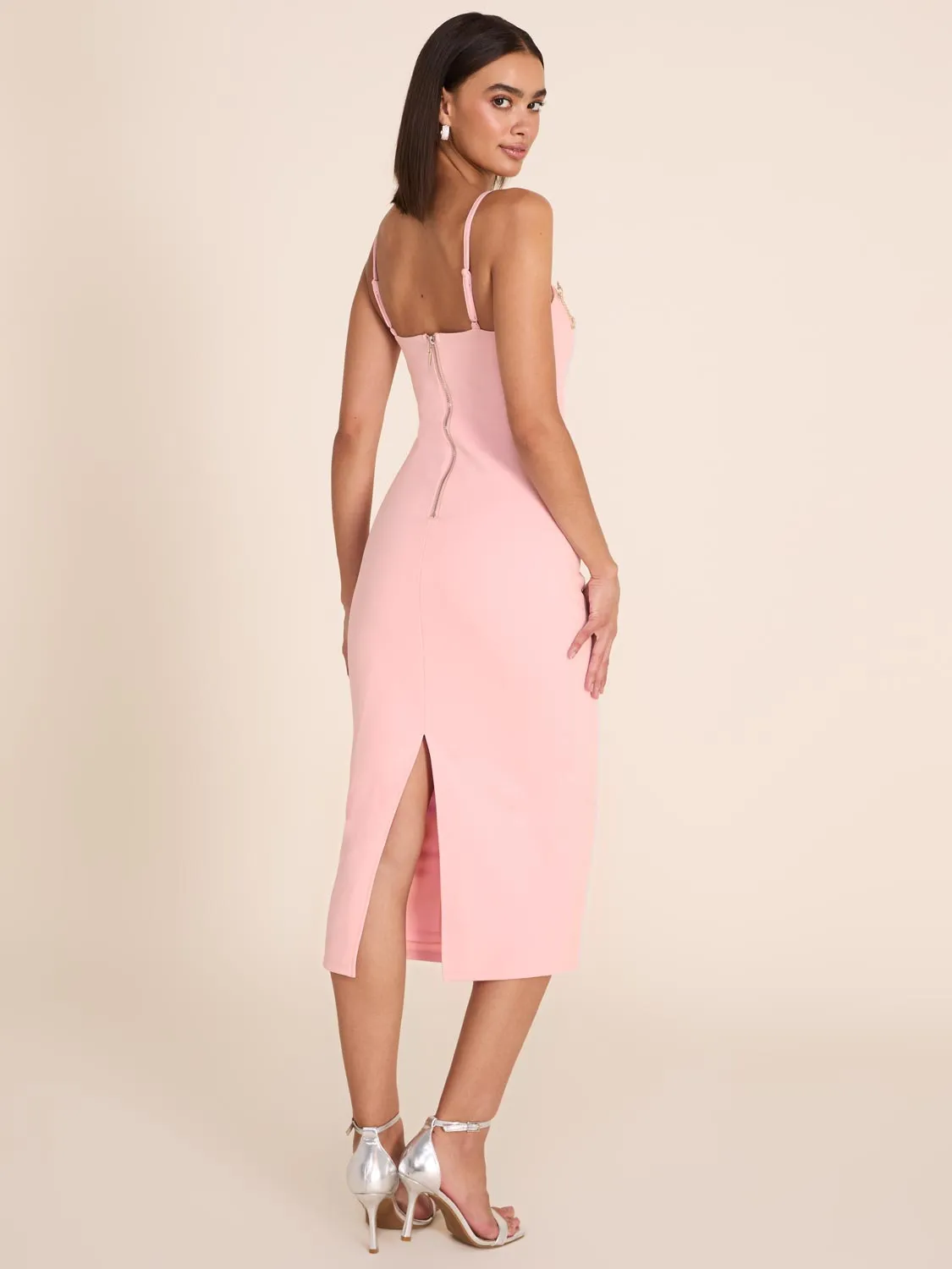 Midi Sheath Dress With Rhinestone Bows