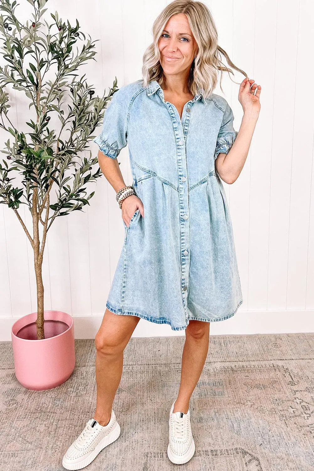 Mineral Wash Ruffled Short Sleeve Denim Dress