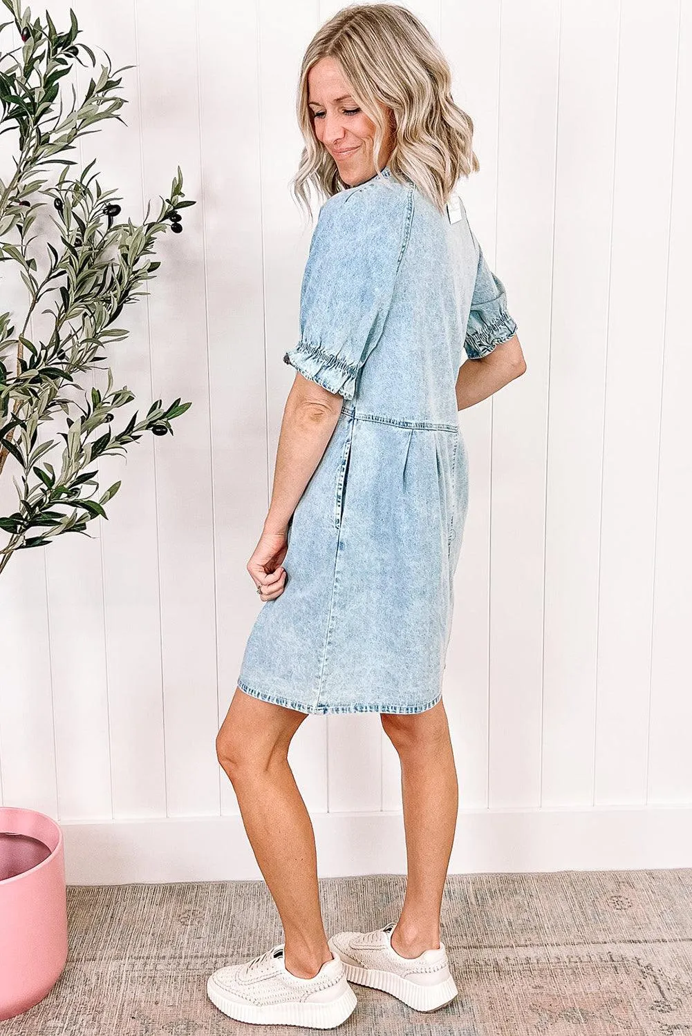Mineral Wash Ruffled Short Sleeve Denim Dress