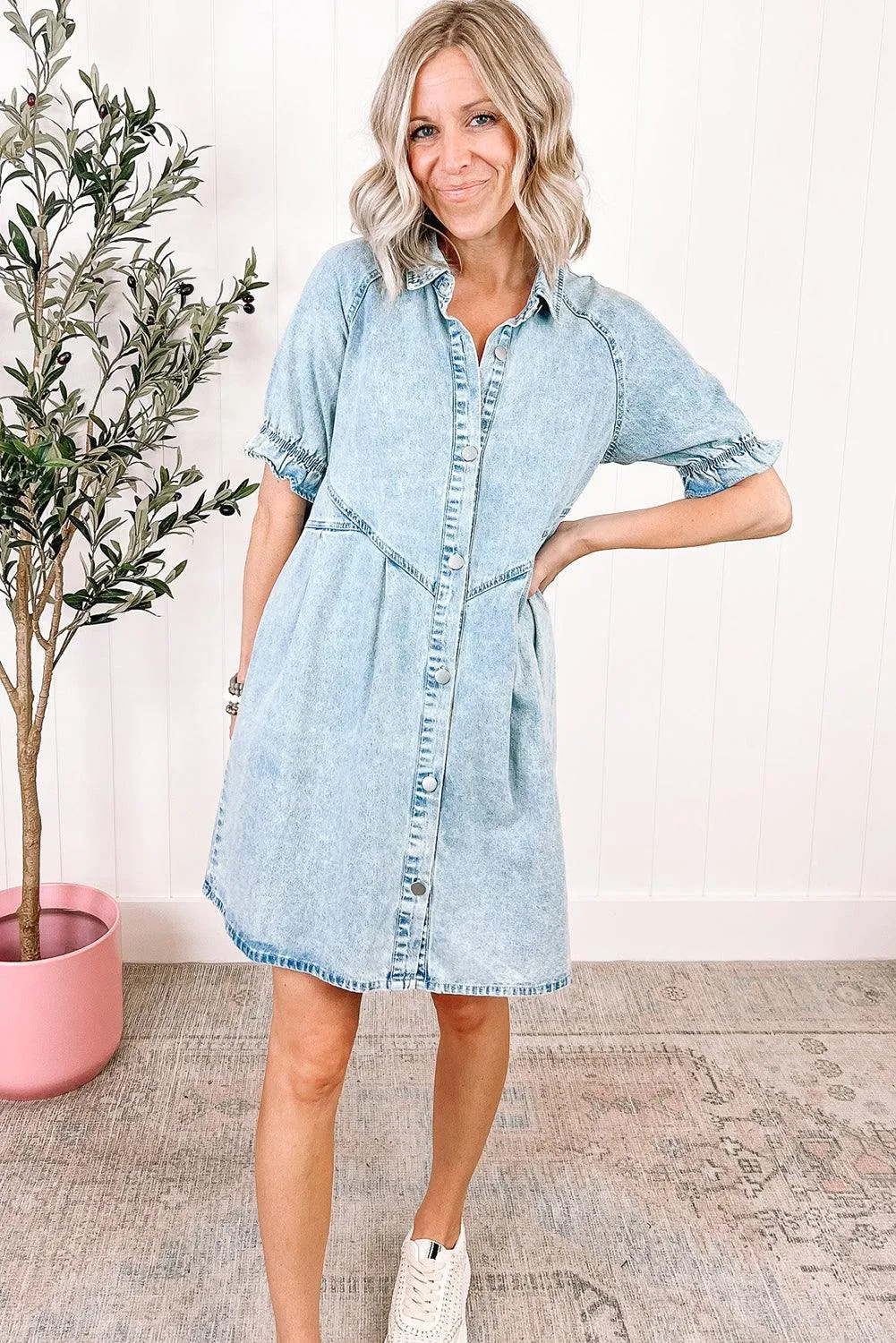 Mineral Wash Ruffled Short Sleeve Denim Dress