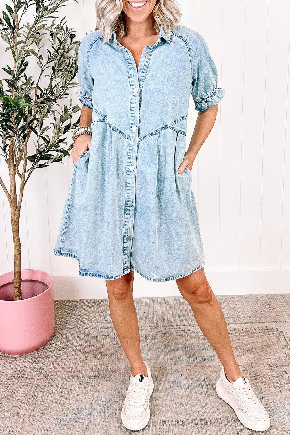 Mineral Wash Ruffled Short Sleeve Denim Dress
