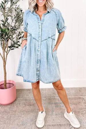 Mineral Wash Ruffled Short Sleeve Denim Dress