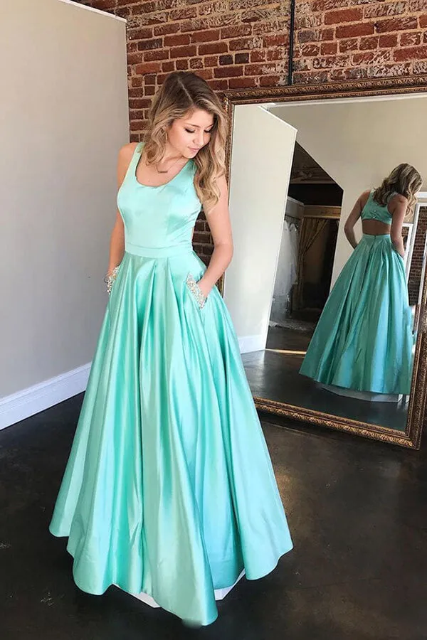 Mint Green Satin A-line Long Prom Dresses, Evening Dress With Pockets, SP769