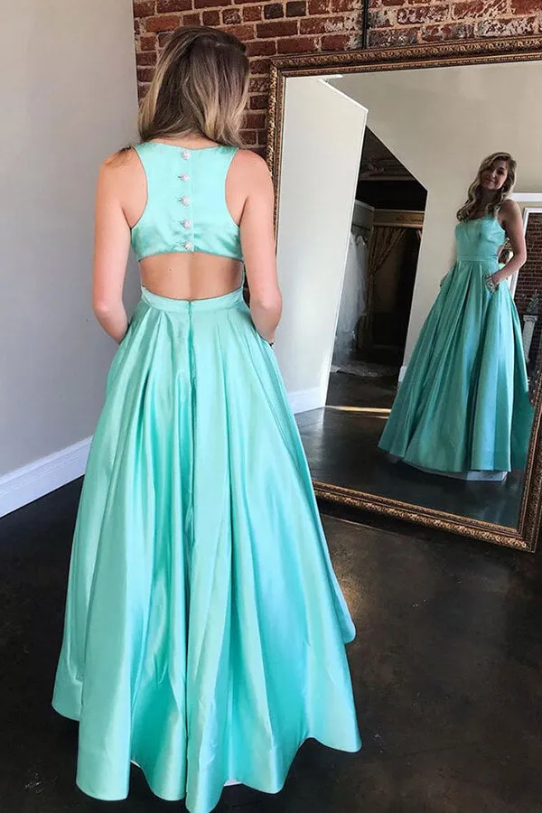Mint Green Satin A-line Long Prom Dresses, Evening Dress With Pockets, SP769