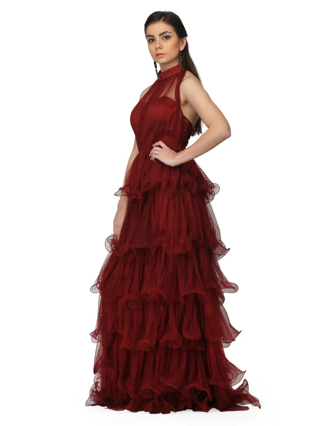 Miracolos By Ruchi's Rent  Women's Halter Neck Draped Net Party Evening Gowns in Maroon
