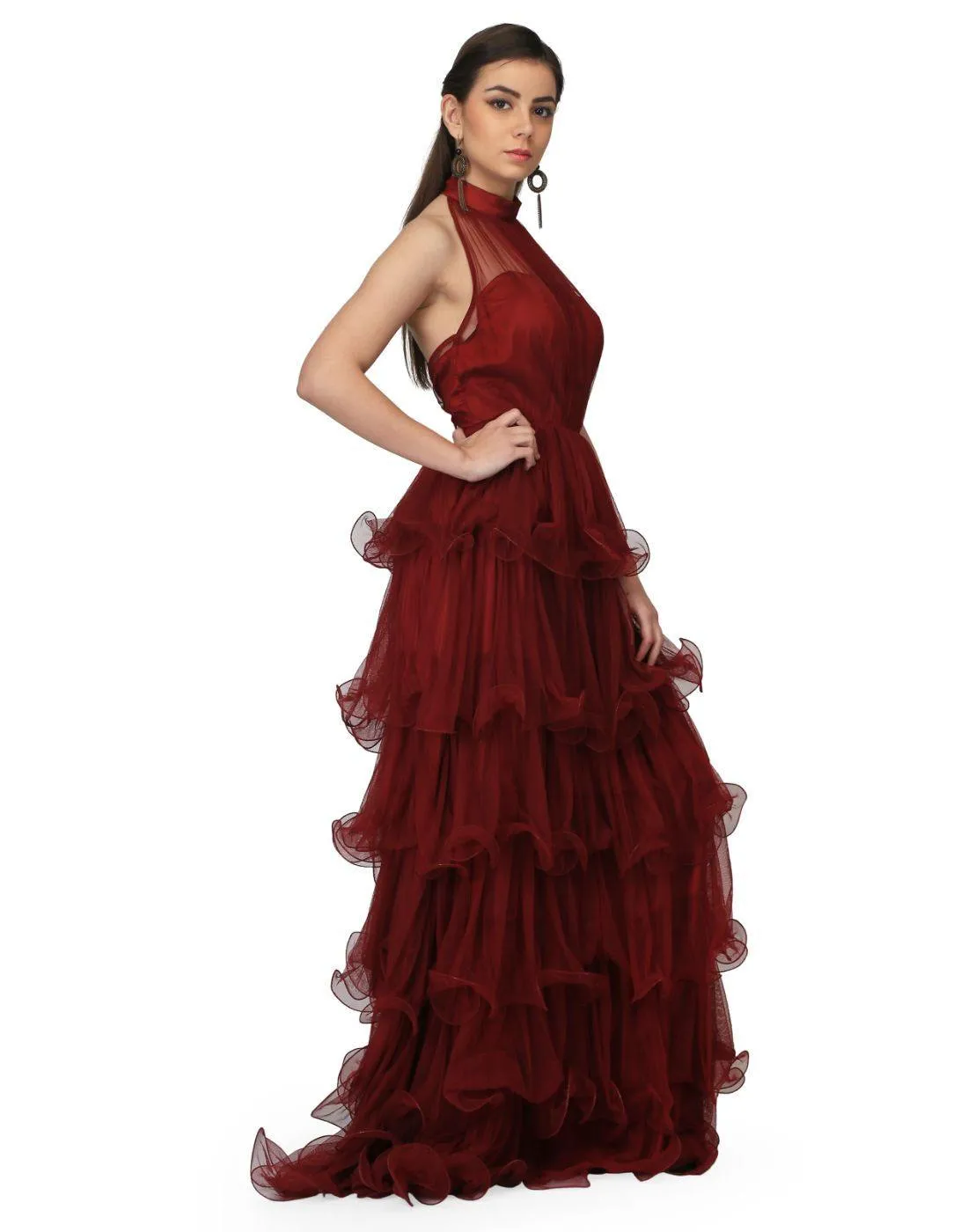 Miracolos By Ruchi's Rent  Women's Halter Neck Draped Net Party Evening Gowns in Maroon