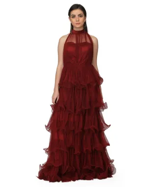 Miracolos By Ruchi's Rent  Women's Halter Neck Draped Net Party Evening Gowns in Maroon