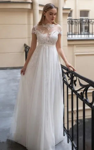 Modest A-Line High Neck Tulle Wedding Dress with Appliques and Beading-716429