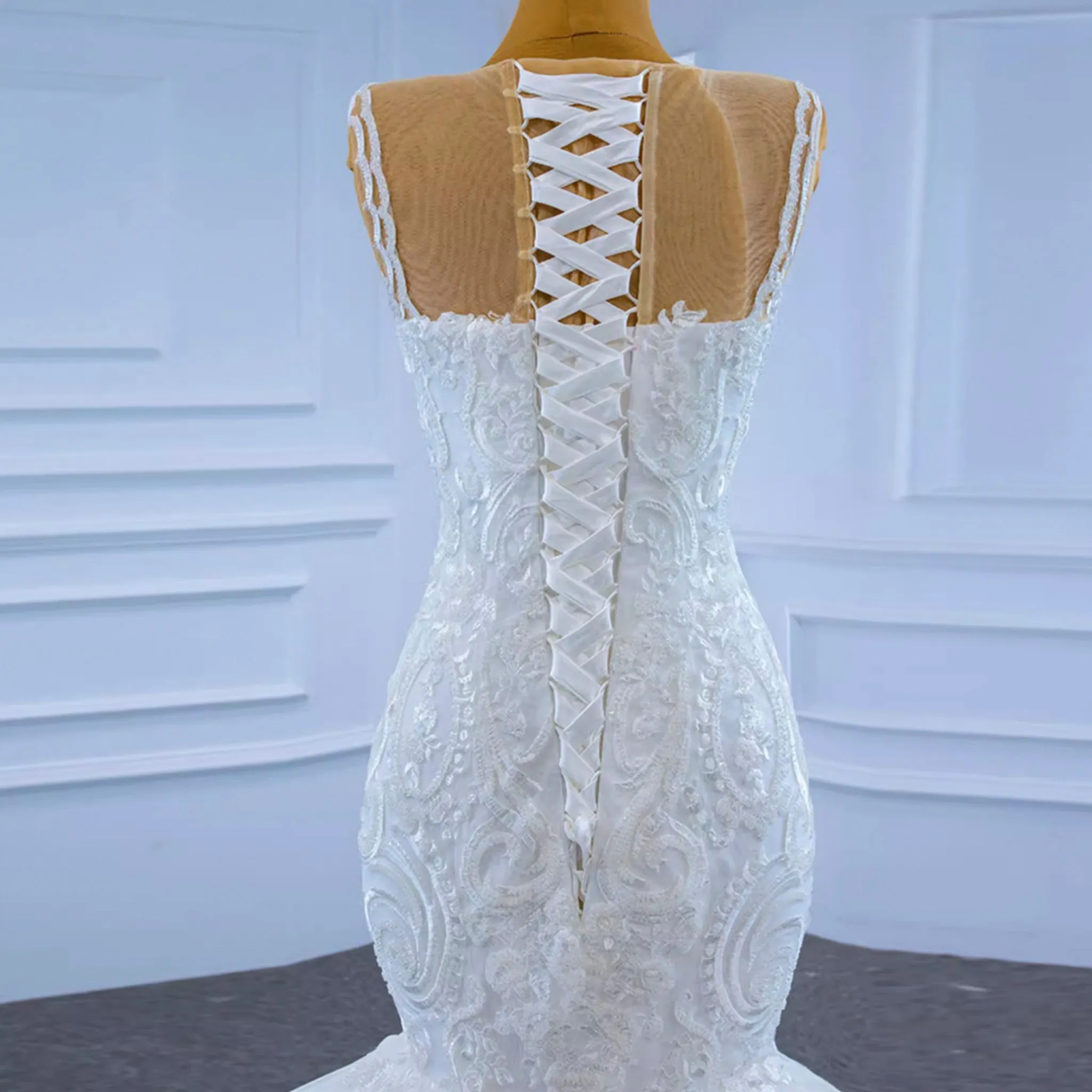 Modest Beaded Lace Ruffled Mermaid Wedding Dress with High Back