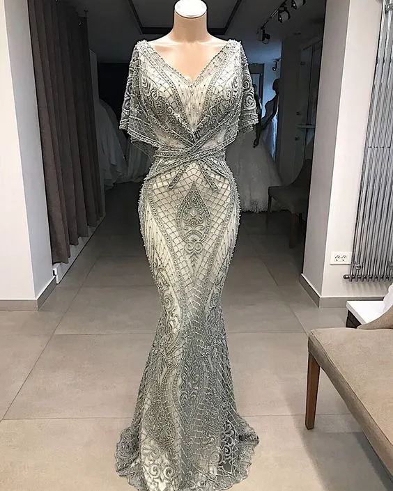 modest evening dresses long gray lace appliqué beaded elegant mermaid evening formal gown