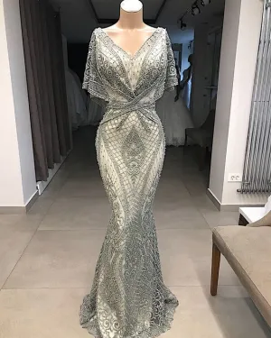 modest evening dresses long gray lace appliqué beaded elegant mermaid evening formal gown