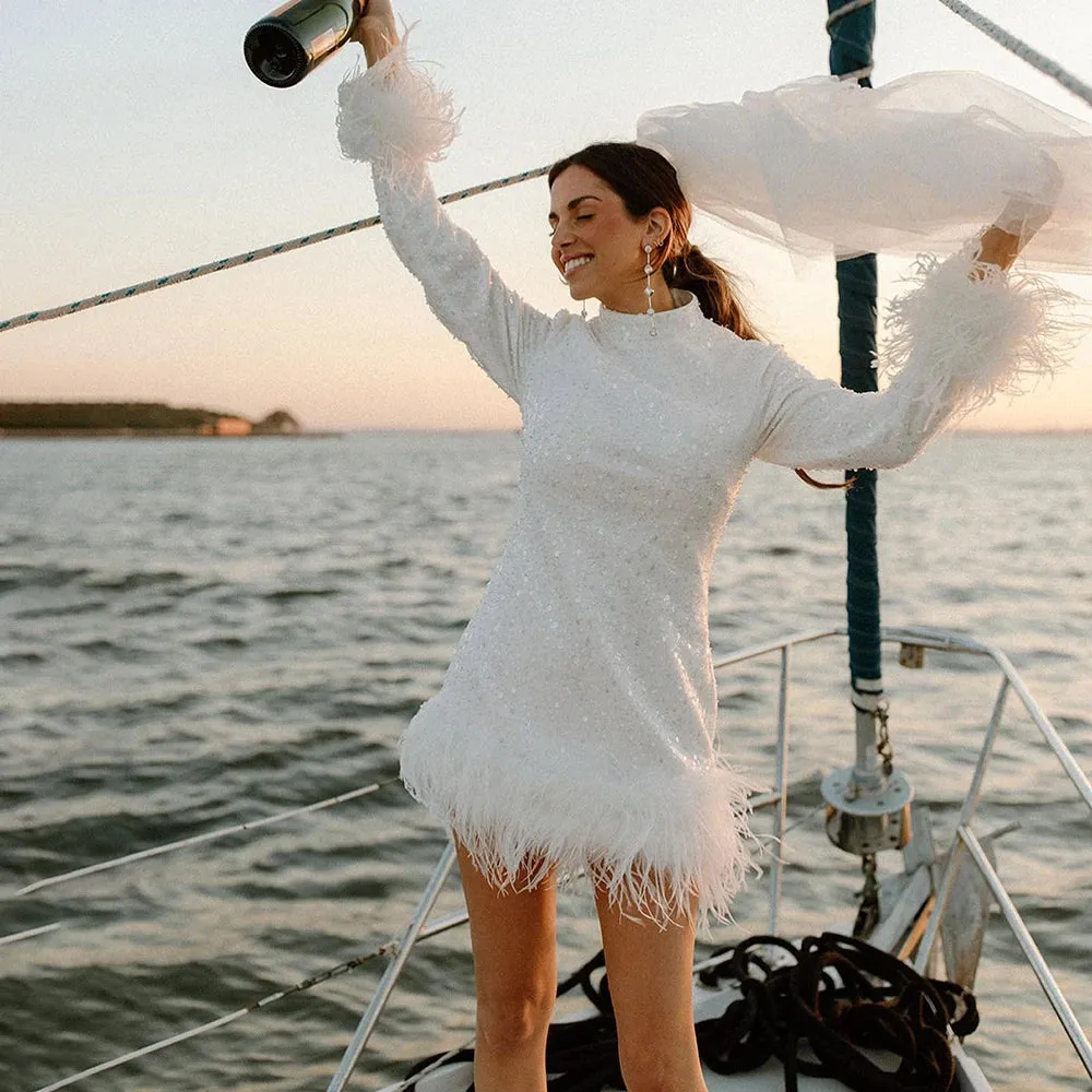 Modest High Neck Sparkle Sequined Mini Wedding Party Dress Long Sleeves Customized Sheath Feathers Bling Short Bridal Gown