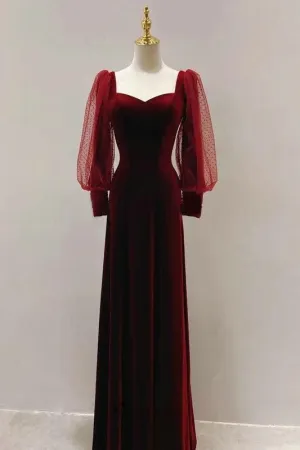 Modest Long Sleeve Deep Red Velvet Evening Dress,MD6879