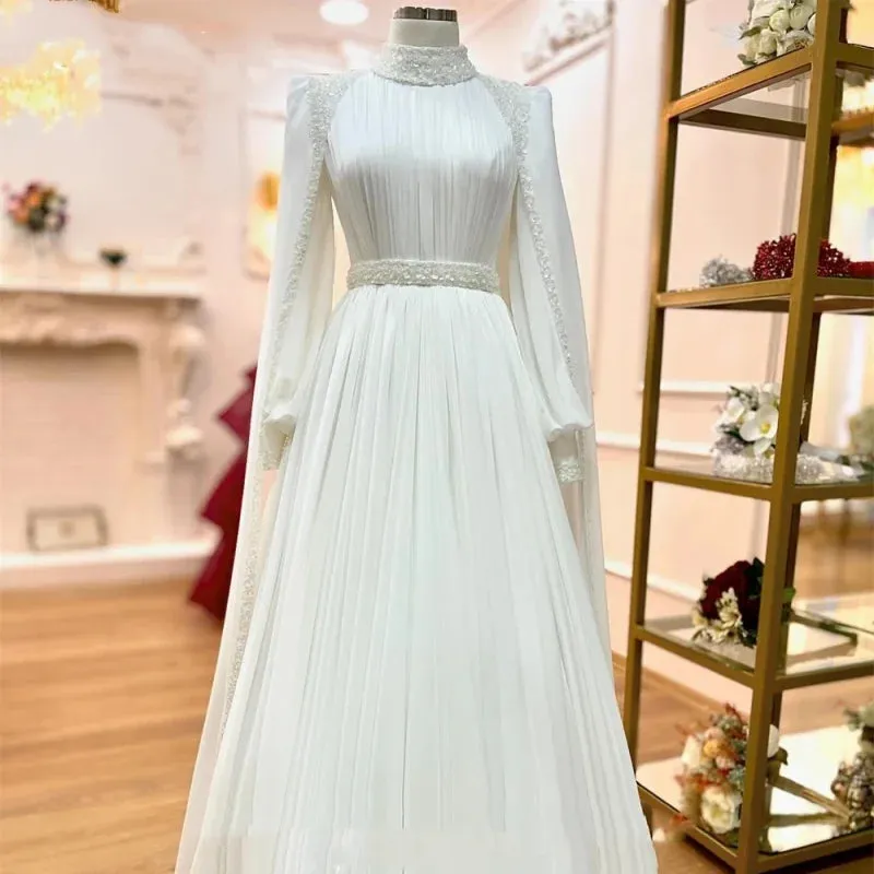Modest Muslim Wedding Dress Long Sleeves Customized High Neck Beading Sequin Chiffon A Line Bridal Gown Africa Bride Dresses