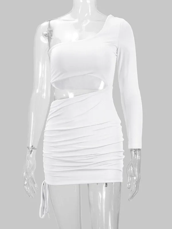 Momnfancy Solid Color Cut Out One Shoulder Irregular Drawstring Bodycon Cute Baby Shower Maternity Mini Dress