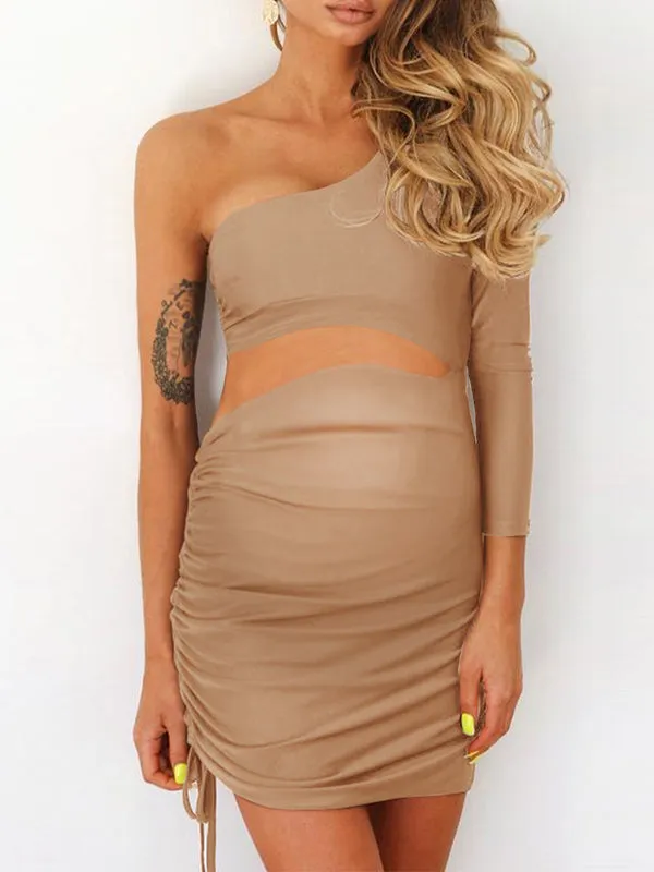 Momnfancy Solid Color Cut Out One Shoulder Irregular Drawstring Bodycon Cute Baby Shower Maternity Mini Dress