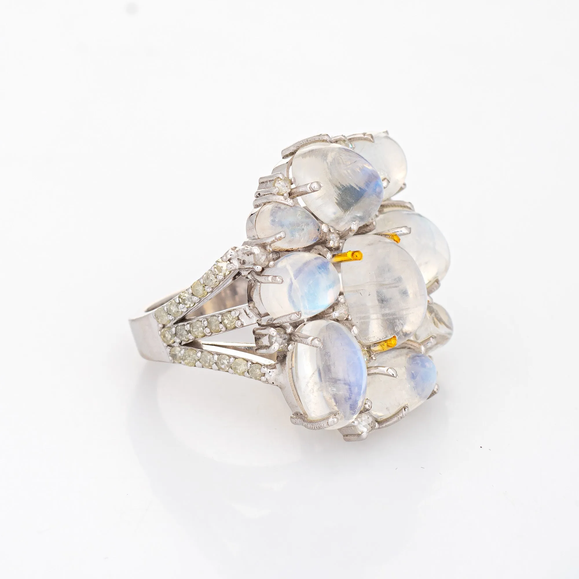 Moonstone Diamond Mosaic Ring Estate 14k White Gold Square Cocktail Jewelry 6.75