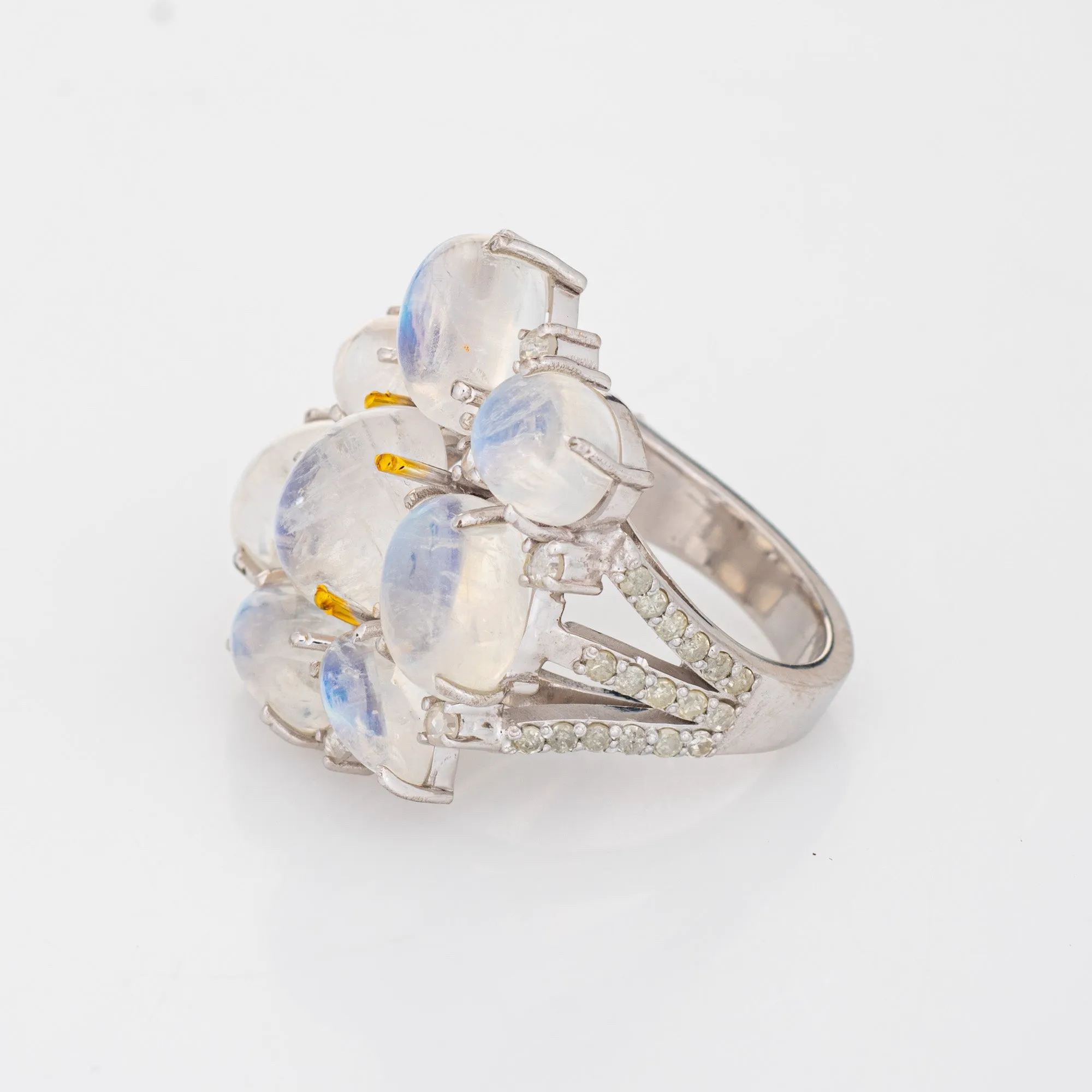 Moonstone Diamond Mosaic Ring Estate 14k White Gold Square Cocktail Jewelry 6.75