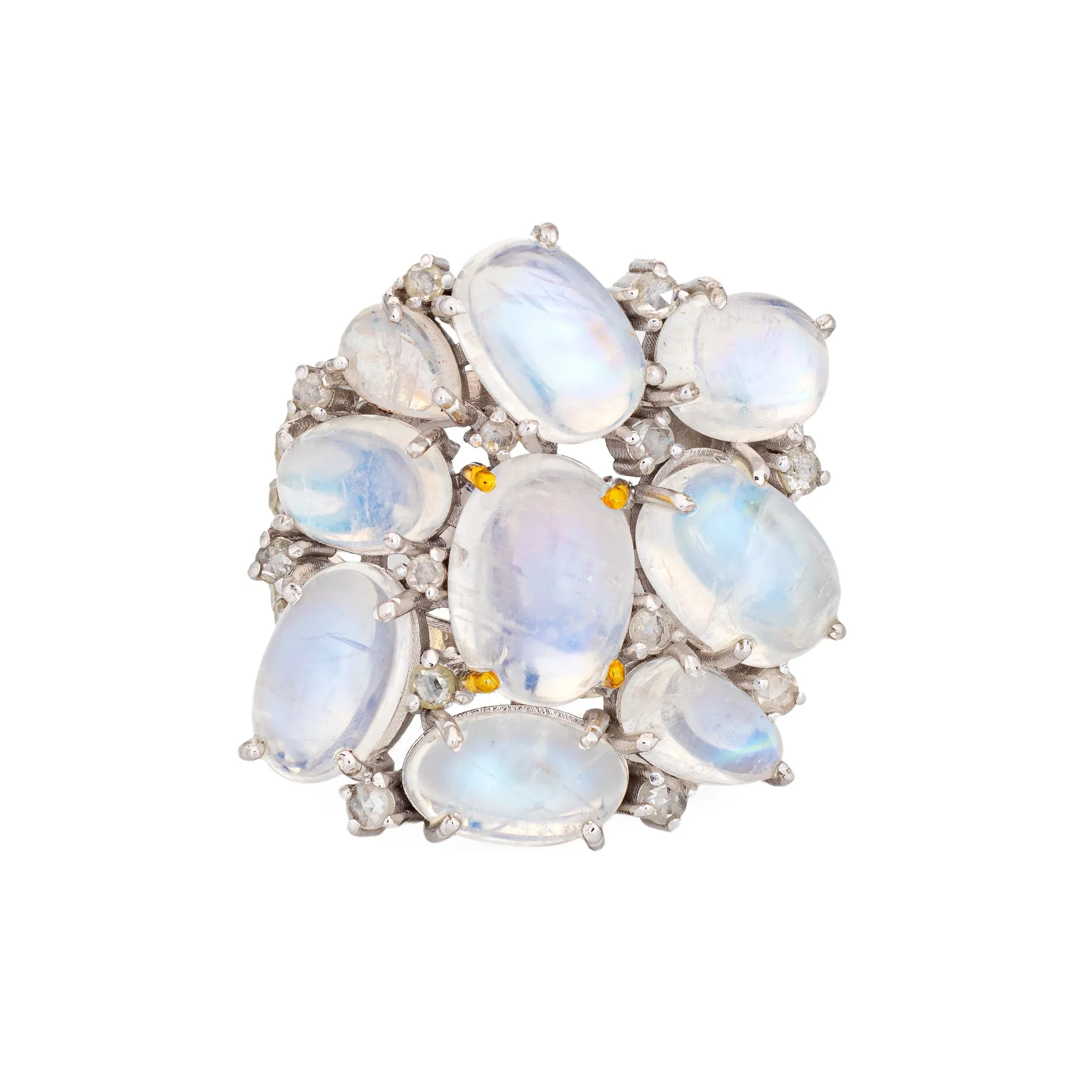 Moonstone Diamond Mosaic Ring Estate 14k White Gold Square Cocktail Jewelry 6.75