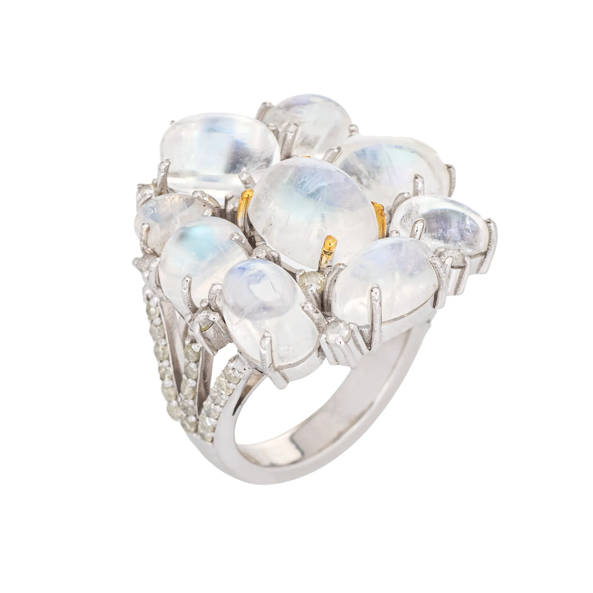 Moonstone Diamond Mosaic Ring Estate 14k White Gold Square Cocktail Jewelry 6.75
