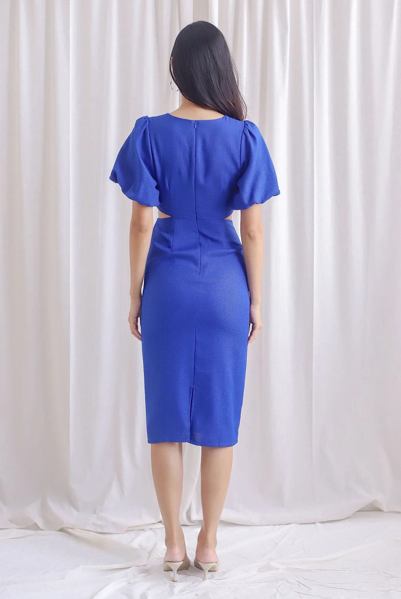 Moritz Tweed Puffy Sleeve Twist Knot Cut Out Dress In Cobalt Blue