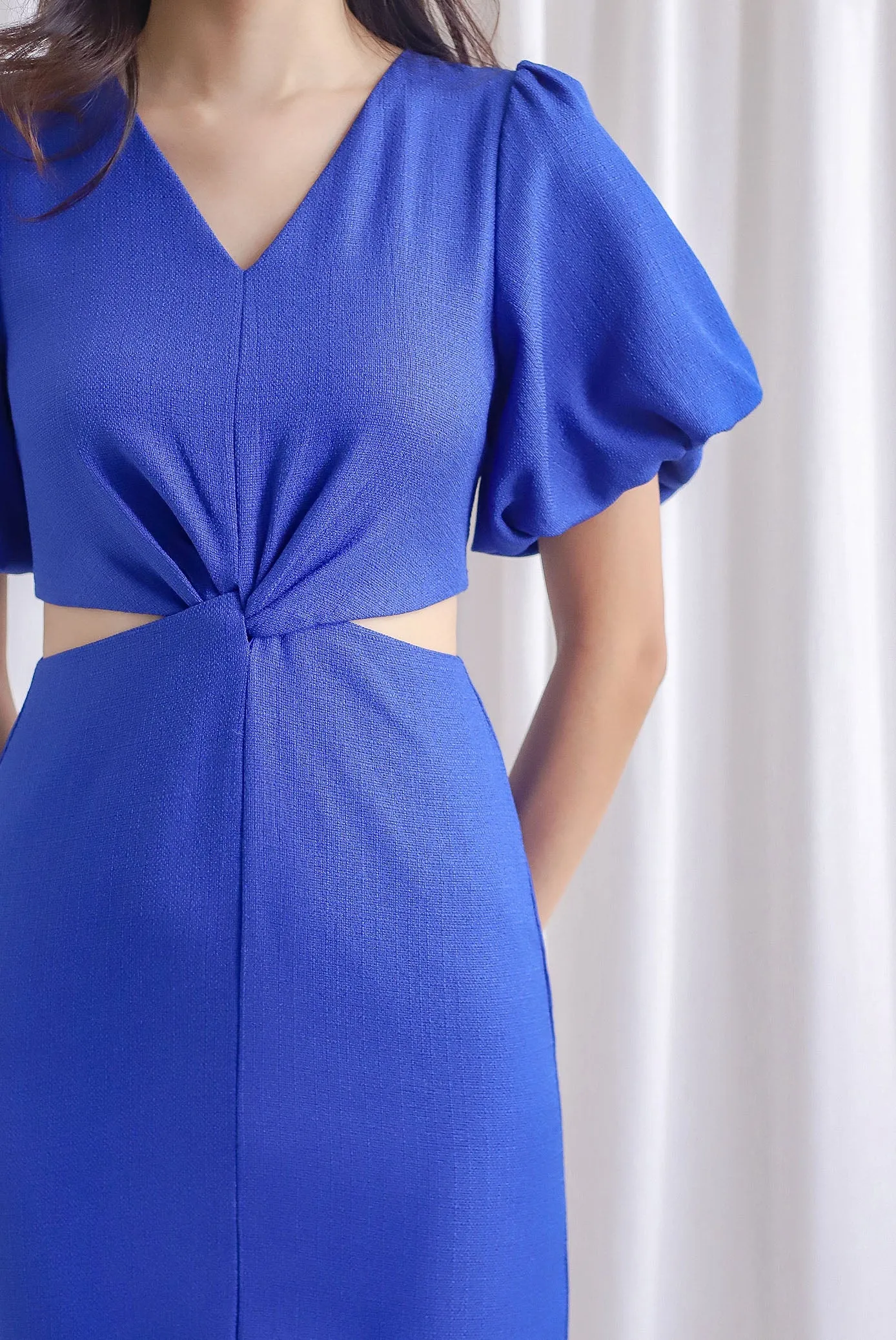 Moritz Tweed Puffy Sleeve Twist Knot Cut Out Dress In Cobalt Blue