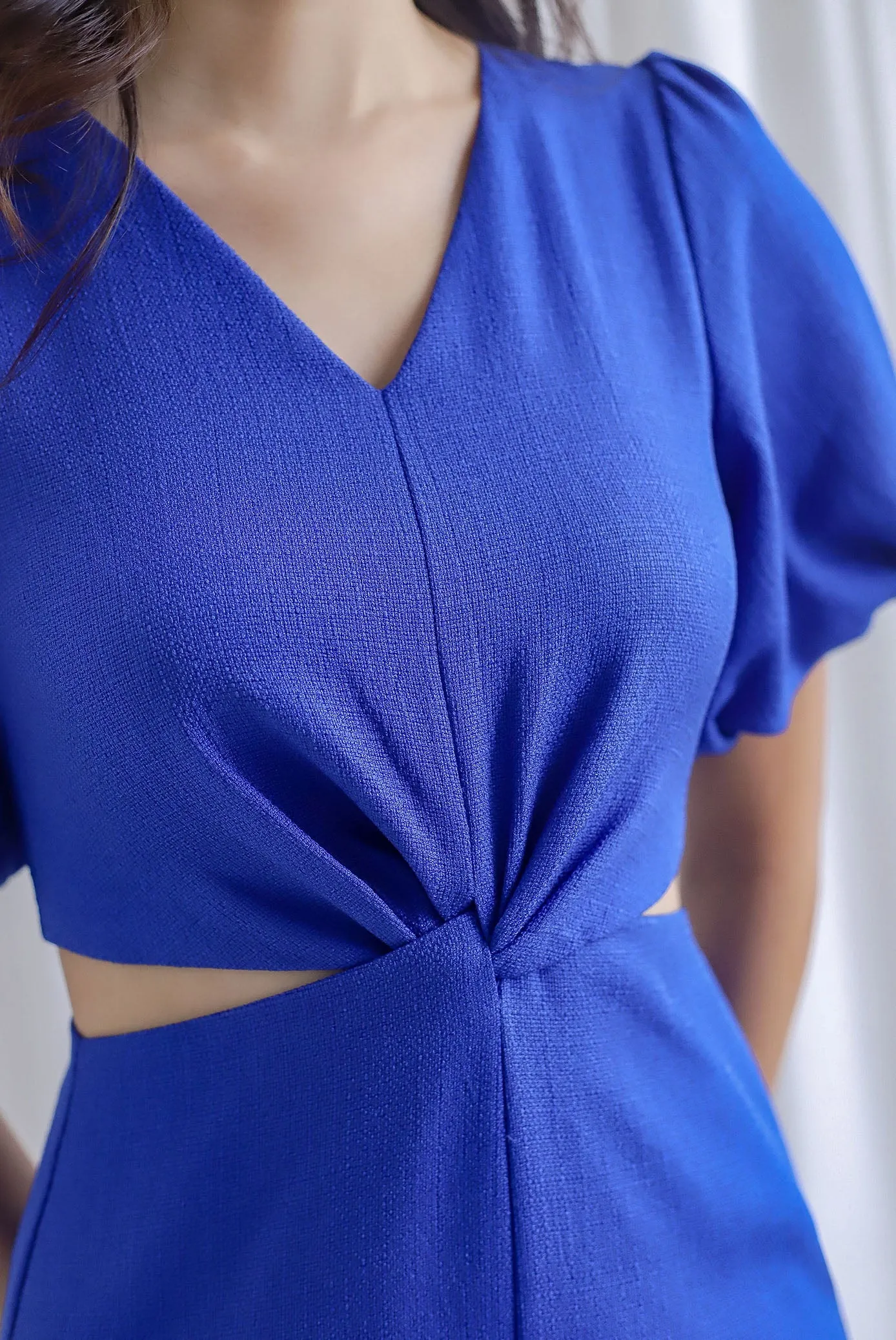 Moritz Tweed Puffy Sleeve Twist Knot Cut Out Dress In Cobalt Blue