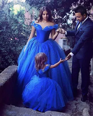 mother daughter matching dresses royal blue crystals cinderella prom ball gown vestido de graduacion(price for both mother and daughter dresses)