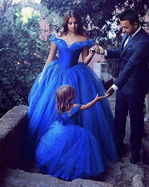 mother daughter matching dresses royal blue crystals cinderella prom ball gown vestido de graduacion(price for both mother and daughter dresses)