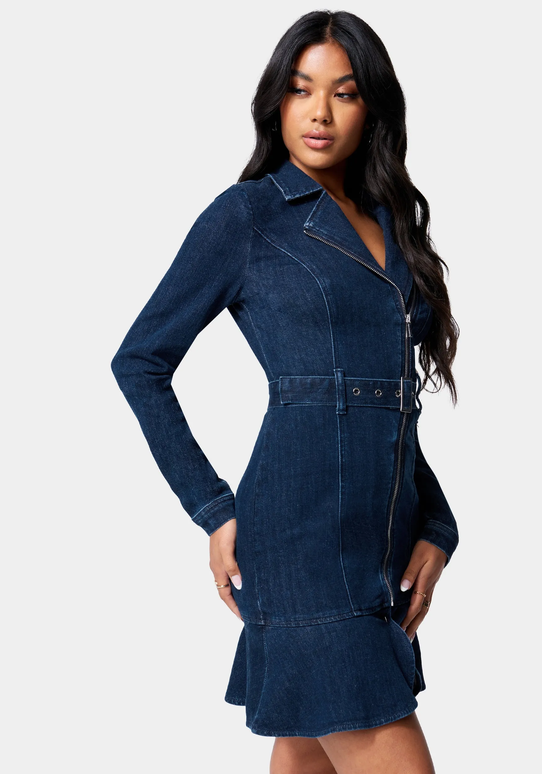 Moto Style Belted Denim Dress