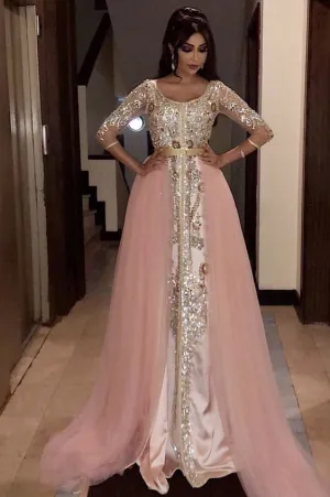 muslim prom dresses long sleeve pink luxury crystals Dubai fashion arabic prom gowns vestido casemento