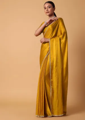 Mustard Satin Chinnon Saree With Mirror Detail Border