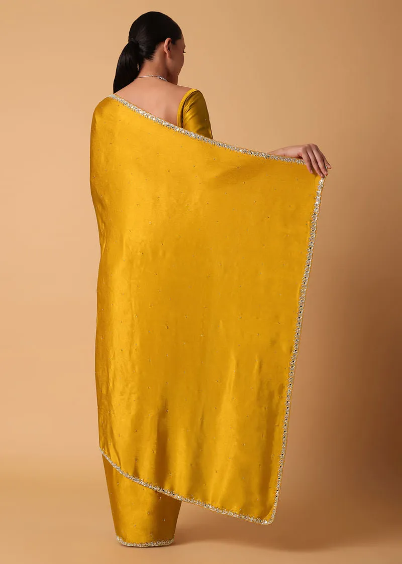 Mustard Satin Chinnon Saree With Mirror Detail Border