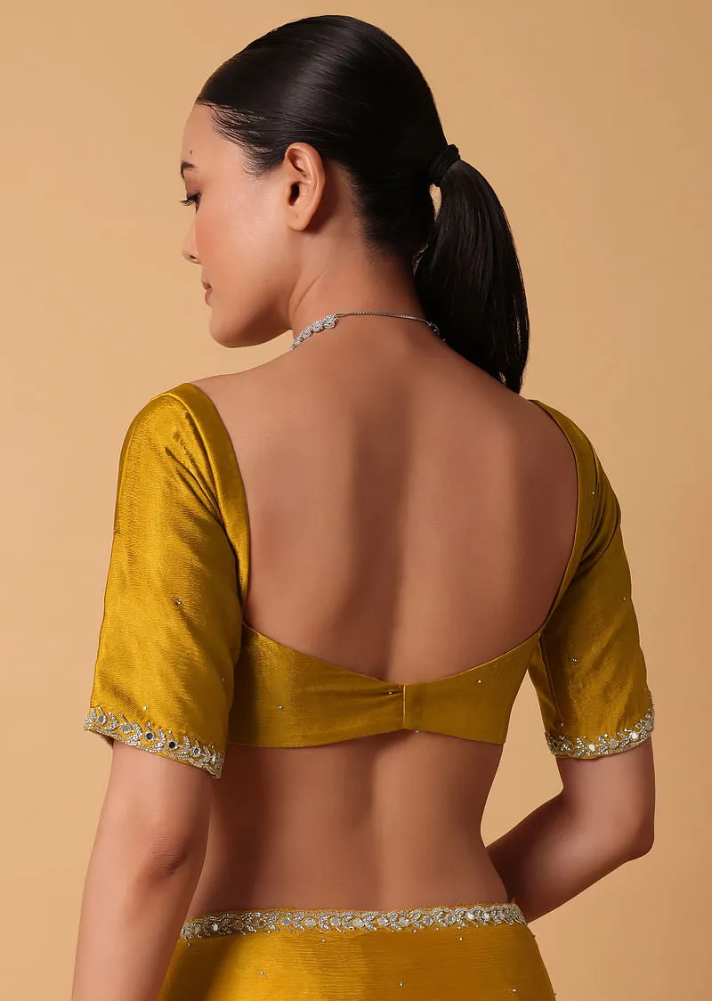 Mustard Satin Chinnon Saree With Mirror Detail Border