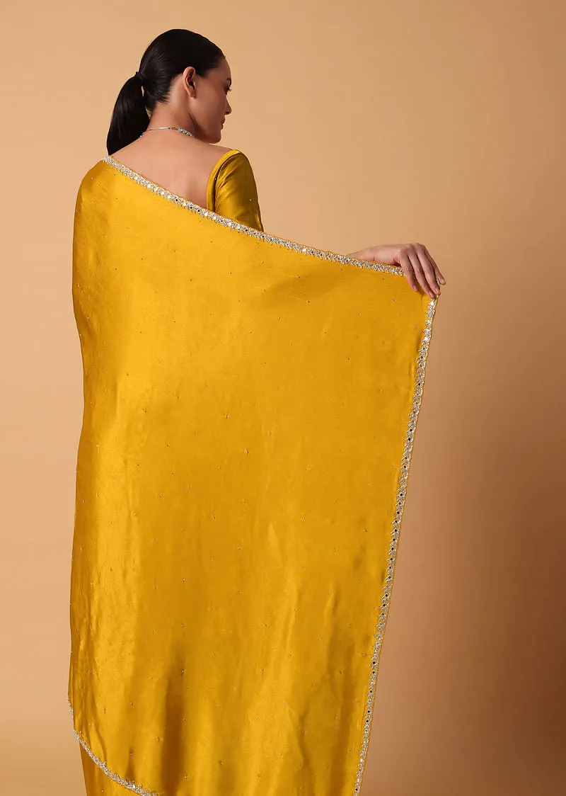 Mustard Satin Chinnon Saree With Mirror Detail Border