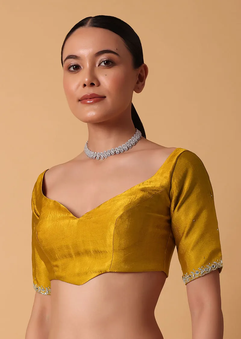 Mustard Satin Chinnon Saree With Mirror Detail Border
