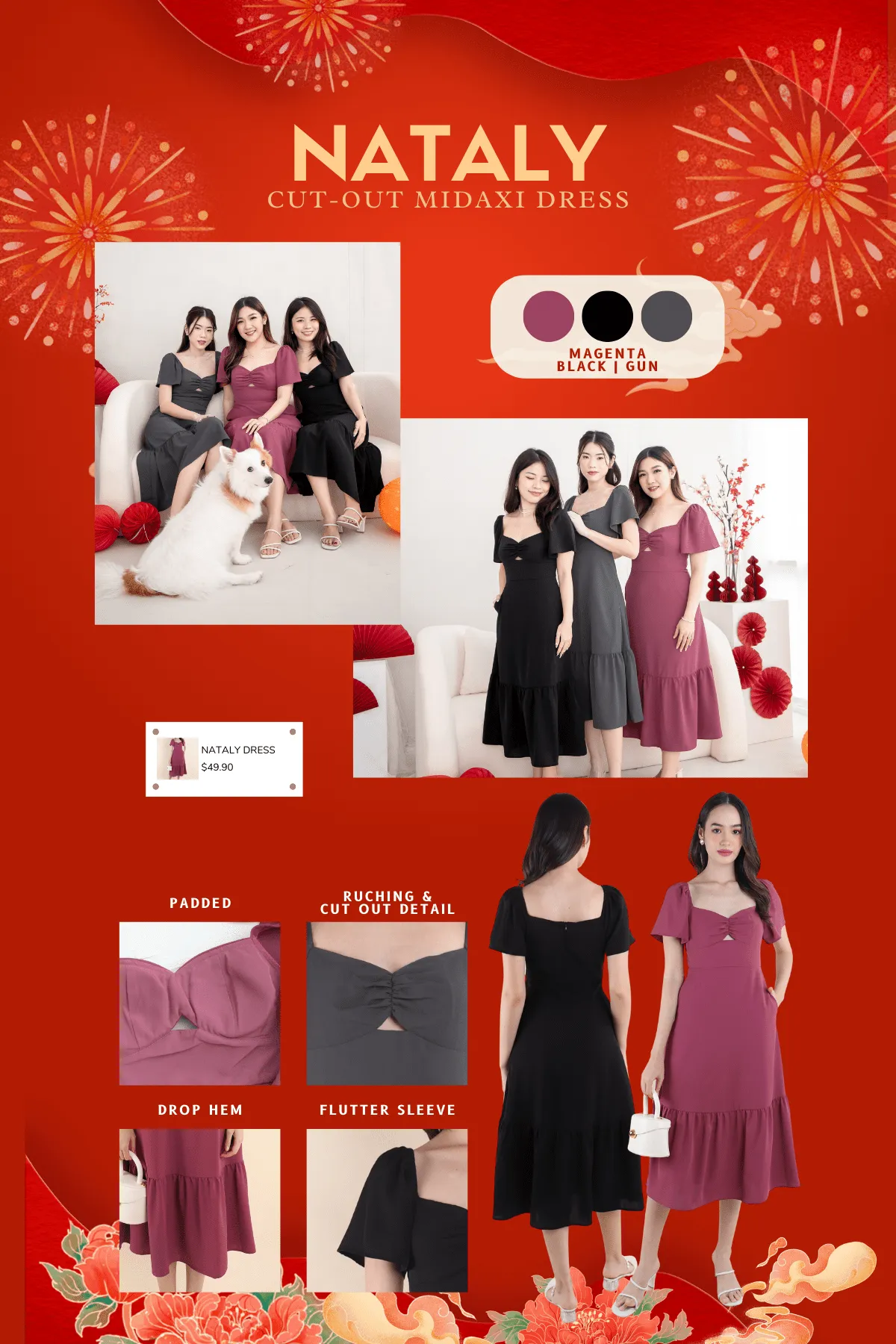 NATALY CUT-OUT MIDAXI DRESS IN MAGENTA
