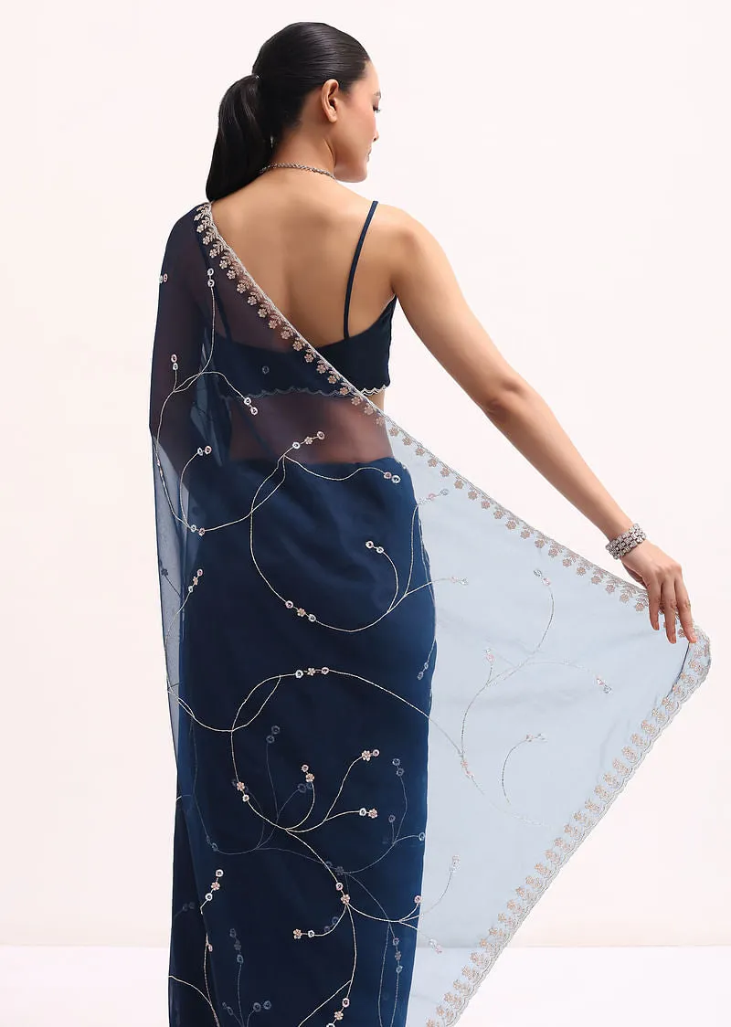 Navy Blue Embroidered Organza Saree