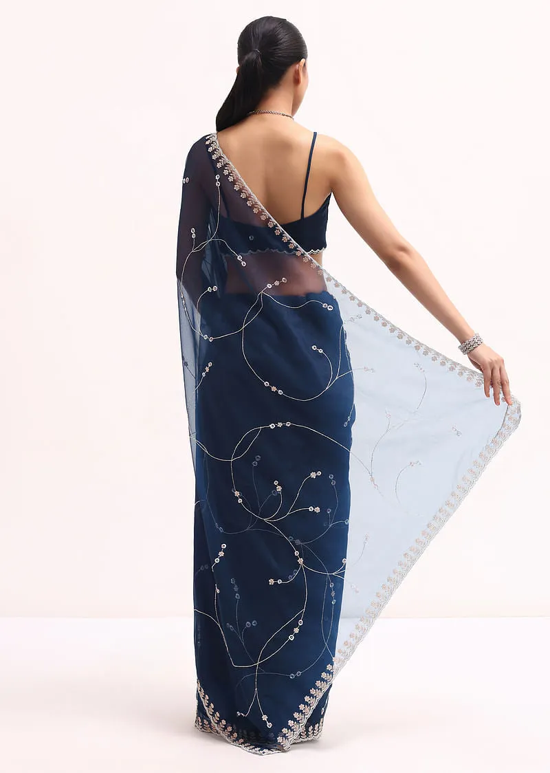 Navy Blue Embroidered Organza Saree