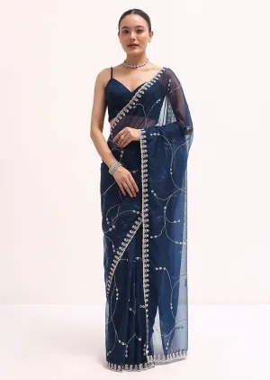 Navy Blue Embroidered Organza Saree