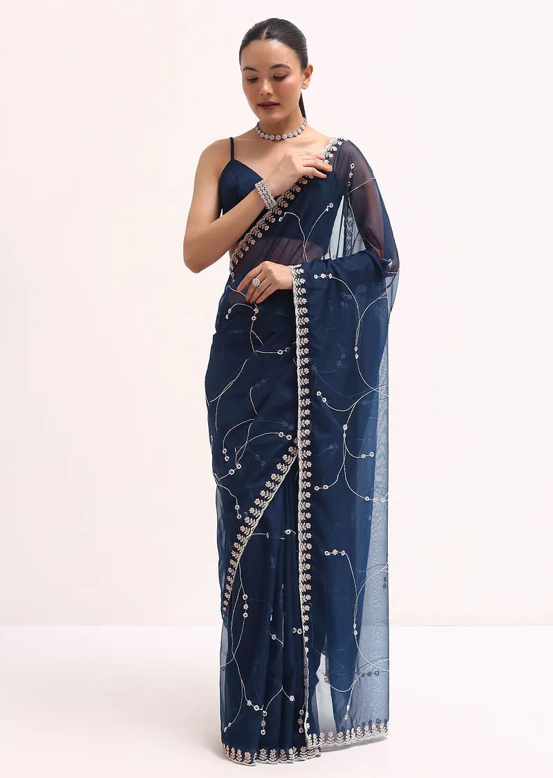 Navy Blue Embroidered Organza Saree