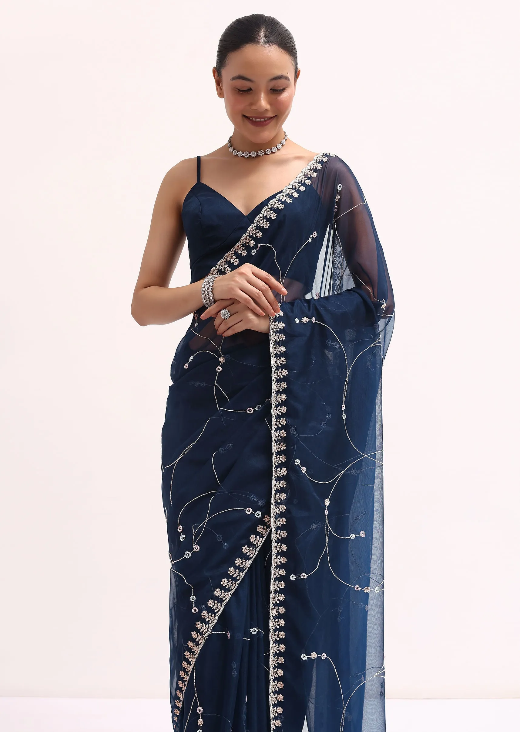 Navy Blue Embroidered Organza Saree