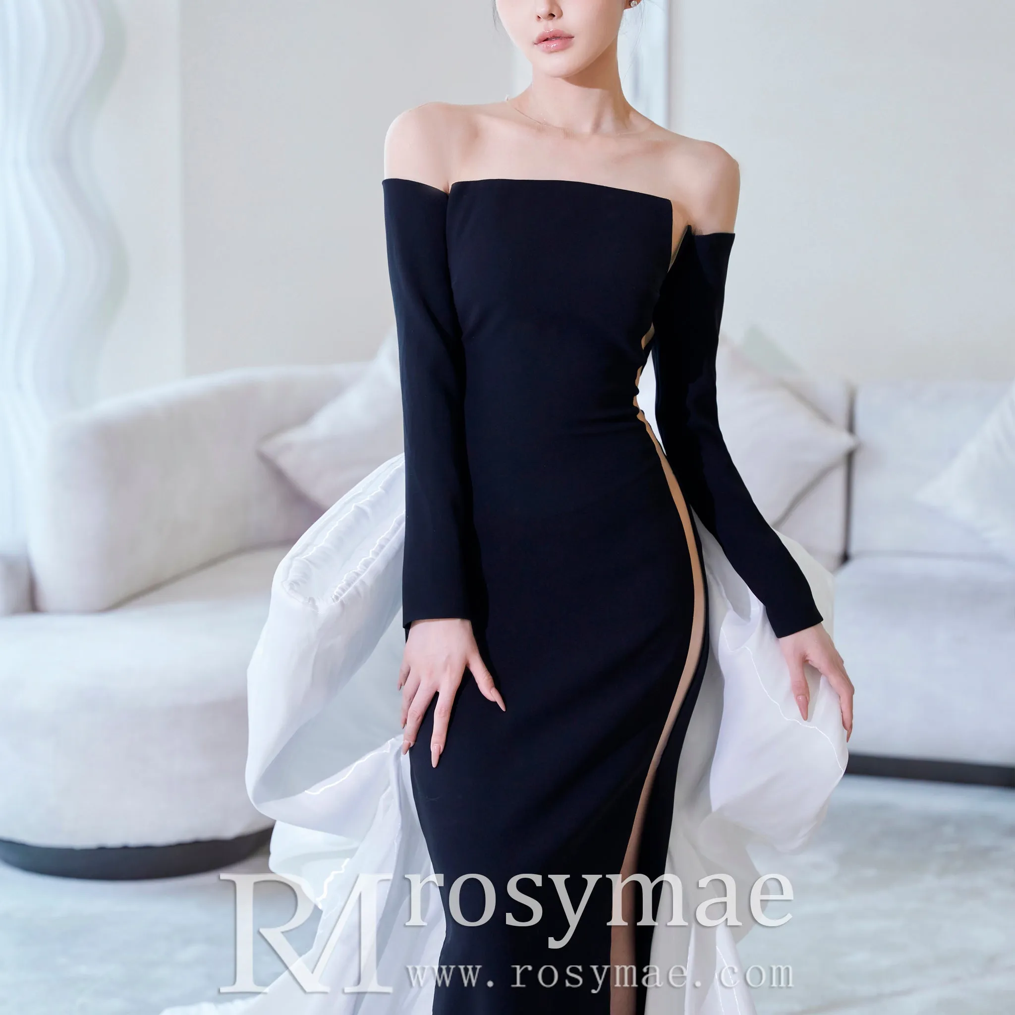Navy Blue Wedding Dress with White Detachable Train