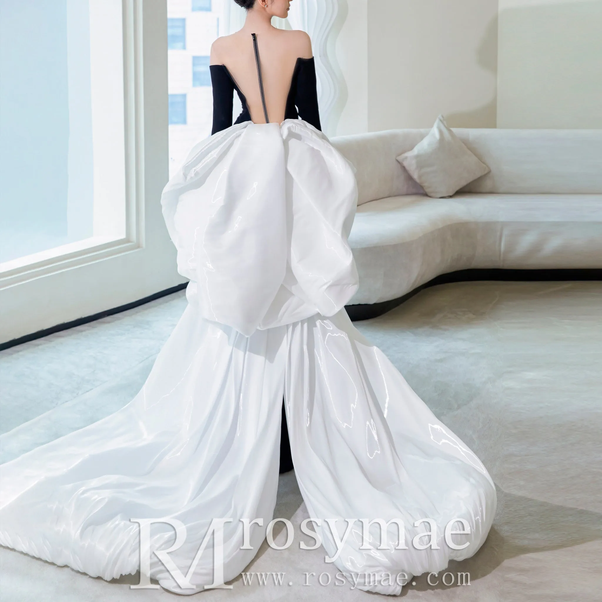 Navy Blue Wedding Dress with White Detachable Train