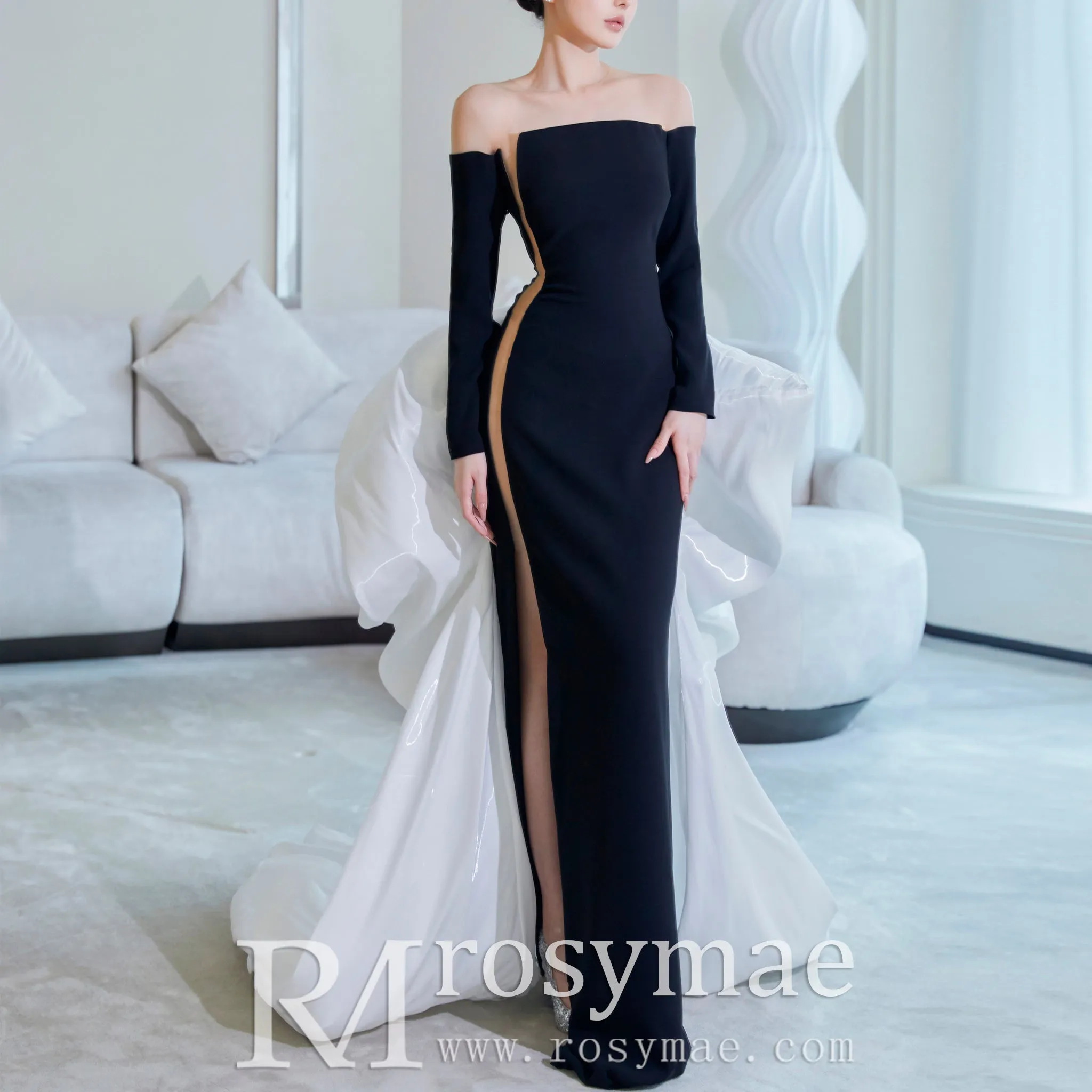Navy Blue Wedding Dress with White Detachable Train
