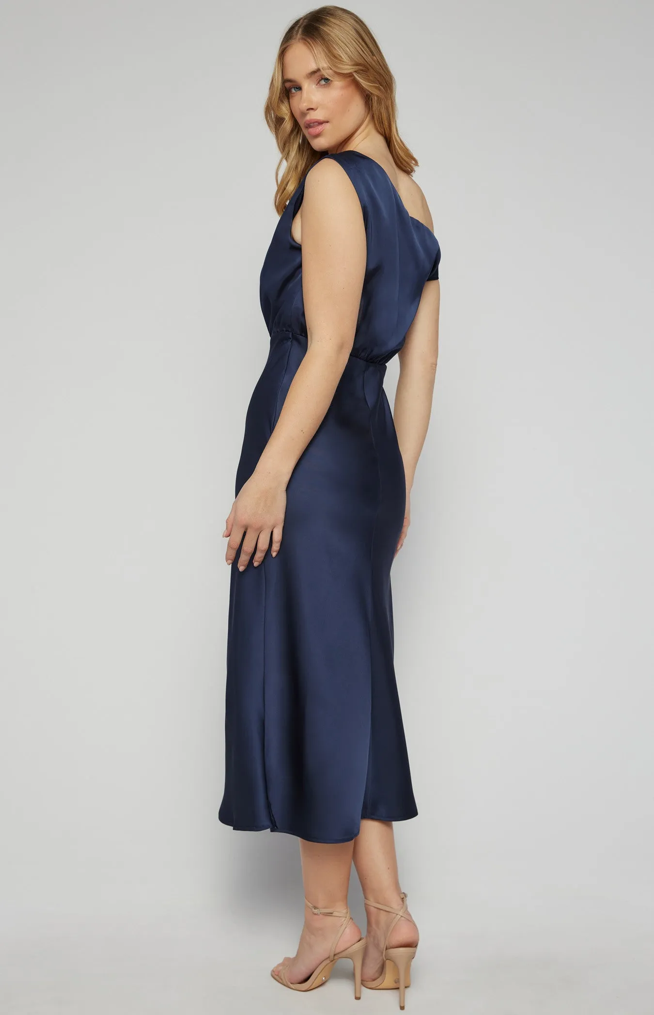 Navy One Shoulder Detail Satin Midi Cocktail Dress