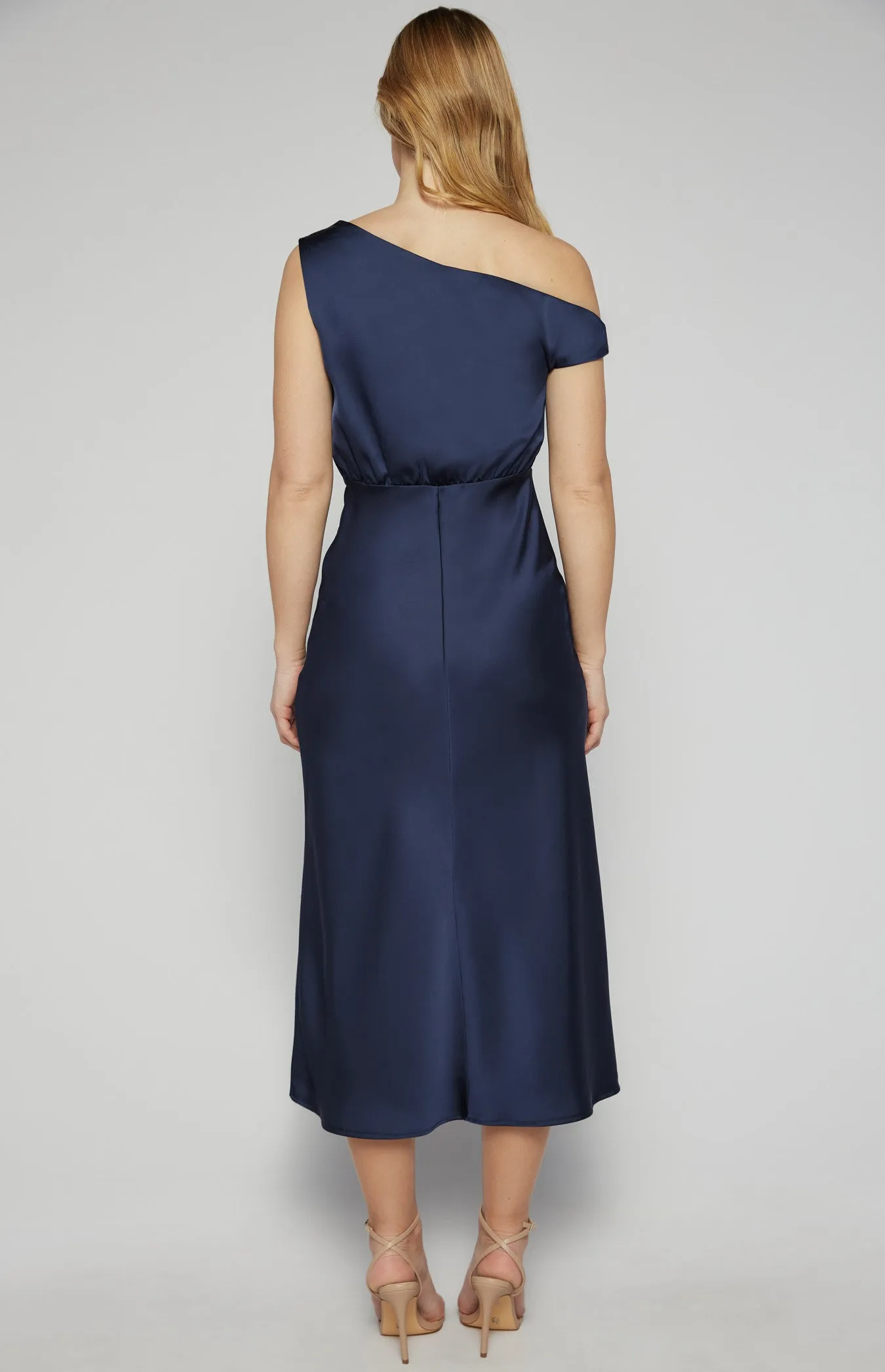 Navy One Shoulder Detail Satin Midi Cocktail Dress