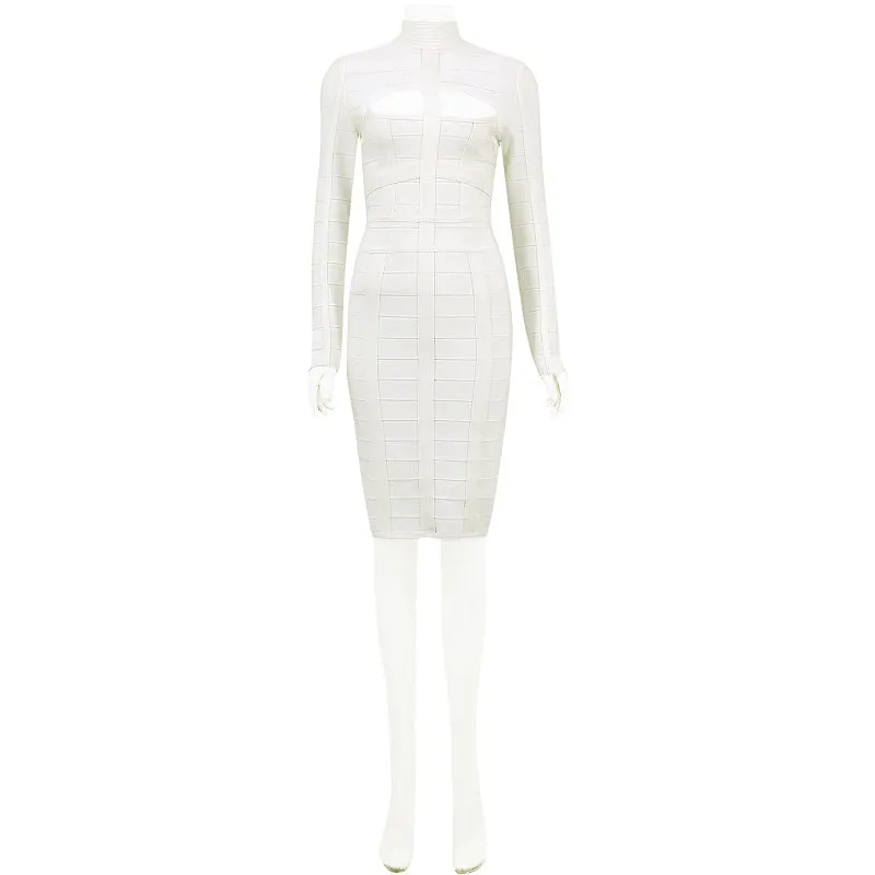 New Arrival Sexy Mid Length Round Neckline White Cut Out Long Sleeve Bodycon dress