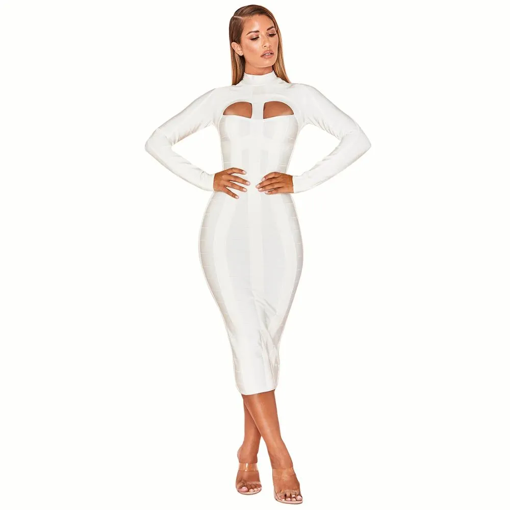 New Arrival Sexy Mid Length Round Neckline White Cut Out Long Sleeve Bodycon dress
